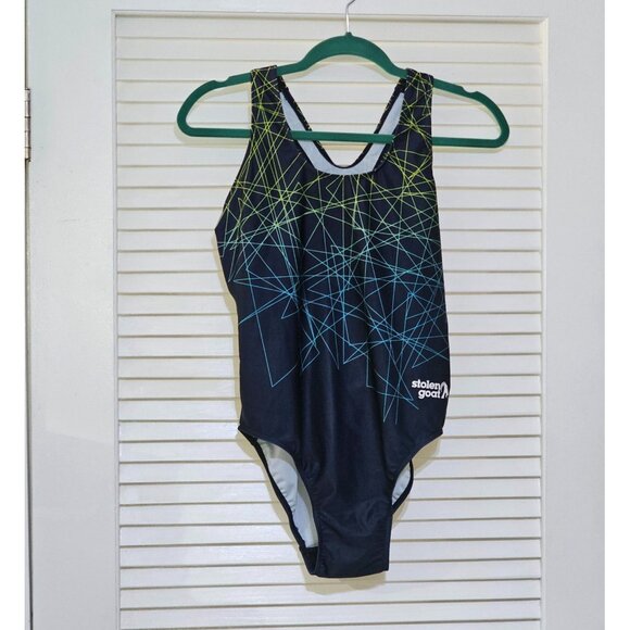 NWOT Stolen Goat Womens Blue Green Geometric Pattern Vortex Swim Suit Sz Xl 2586 - Picture 12 of 15